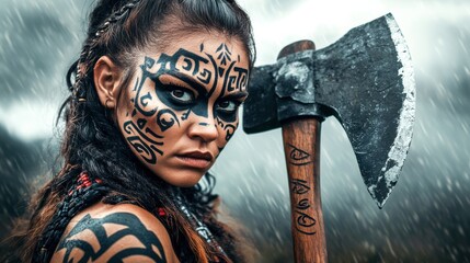 A determined warrior grips a battle axe, adorned with striking tribal tattoos, standing boldly amidst the pouring rain in a wild landscape