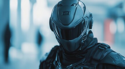 Futuristic soldier in sleek black armor and helmet