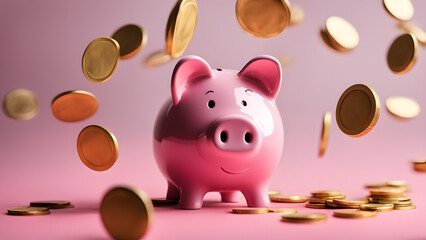 A pink piggy bank with gold coins falling out of it