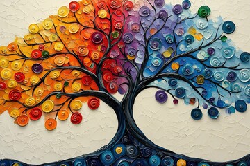 Wall Mural - Vibrant abstract tree with colorful branches made of splattered paint dots, reflected in water against a white background