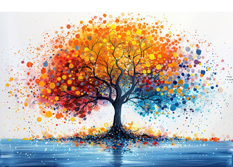 Wall Mural - Vibrant abstract tree with colorful branches made of splattered paint dots, reflected in water on white background