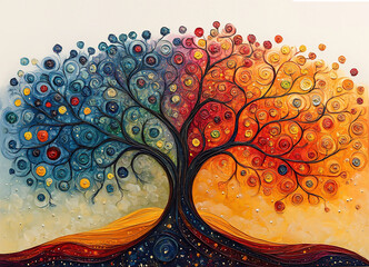 Wall Mural - Vibrant abstract tree with colorful branches made of splattered paint dots, reflected in water against a white background