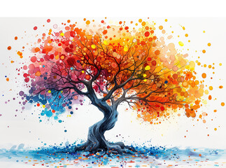 Wall Mural - Vibrant abstract tree with colorful branches made of splattered paint dots, reflected in water against a white background