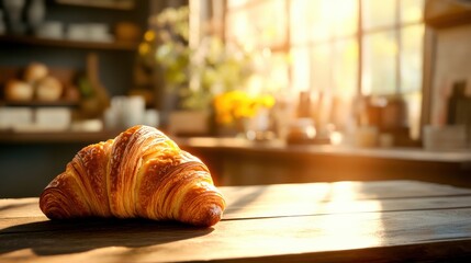 A freshly baked croissant sits on a wooden table, illuminated by soft morning light in a welcoming kitchen filled with plants and baking tools