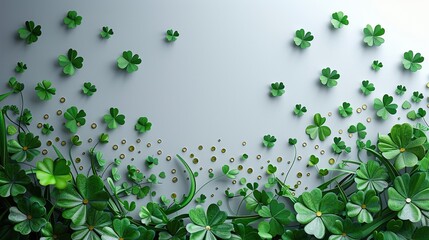 Wall Mural - paper craft four leaf clover gold coins confetti on white table st patricks day banner.