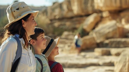 Family expedition traveling to historical sites with copy space, covering all objects, deep depth of field.