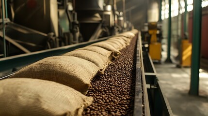 Wall Mural - A conveyor belt transporting sacks of coffee beans through a roasting facility.