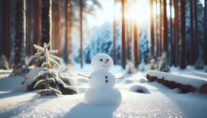 Poster - A photo of a snowman with a winter forest backgroun