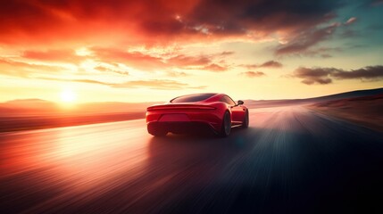 Wall Mural - A dynamic red sports car speeds along a deserted road as the sun sets, casting brilliant colors across the sky and reflecting on the vehicle