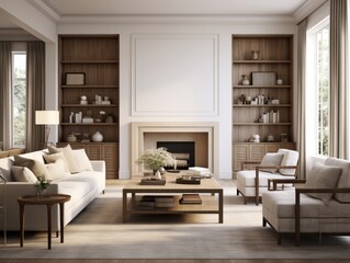 Bright living room interior with fireplace, white sofa, wooden shelves and two armchairs.