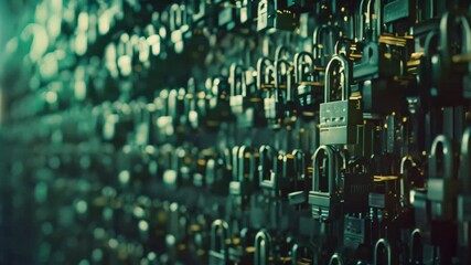 Wall Mural - Collection of various locks secured to a wall to symbolize the concept of encryption for data protection, Visualizing the concept of encryption to protect data from unauthorized access