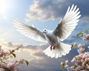 A white handpainted dove flying over skies in