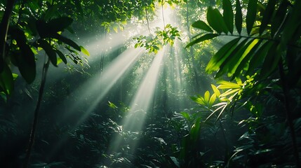 Wall Mural - A dense rainforest canopy with sunlight filtering through the leaves, casting dappled shadows on the forest floor.