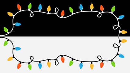 Wall Mural - Christmas lights corner frame. Glowing lightbulb garland set. Colorful string fairy light. Rainbow color. Holiday xmas decoration. Banner template. Flat design. Isolated. Black White background Vector