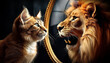 © Alberto Masnovo - Face to face between a kitten and a lion roaring. Close-up of a cute kitten looking in the mirror, in the mirror the head of a roaring lion. Generative Ai.