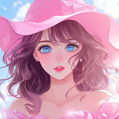 Wall Mural - A playful anime girl in a pink hat and dress, radiating charm with a vibrant, adorable style.