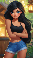 Canvas Print - A stunning digital portrait of a confident female, with expressive blue eyes and flowing black hair, set in a serene garden.