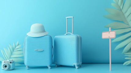 A pastel blue background features a blue suitcase, a hat, and a camera with a signpost, illustrating a travel theme in 3D. 