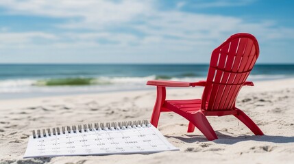 A red beach chair on a white calendar symbolizes vacation time. It's a period for relaxation, where employees are granted paid time off (PTO) by their employer.