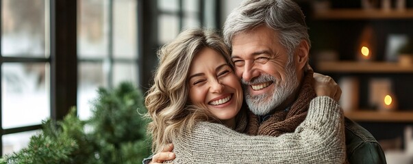 Wall Mural - Happy senior couple is hugging and smiling by the window