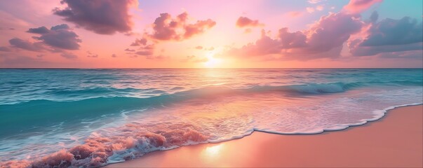 Pink and blue sunset sky over a calm ocean with foamy waves crashing onto a sandy beach.