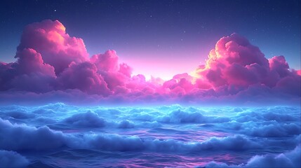 pink and blue cloudscape with a sea of clouds below.