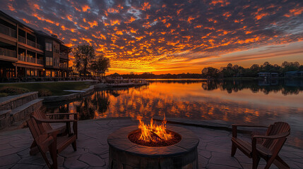 sunset on the river with bonfire