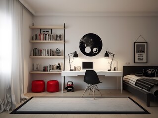 Modern bedroom with white walls, wooden floor, black bed frame, desk with black chair, two red ottomans, white curtains, and a black and white round wall decor.