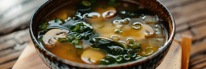 Sticker - Homemade miso soup featuring wakame, onions, and shimeji mushrooms.