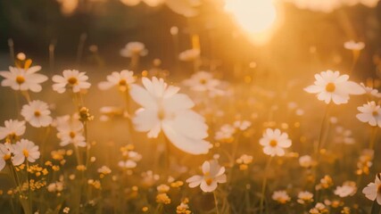 Canvas Print - Wild daisies bloom in a sunlit meadow, Wild daisies scattered across a meadow