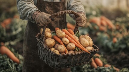 Farmer holding basket with potatoes and carrots against rustic farm background