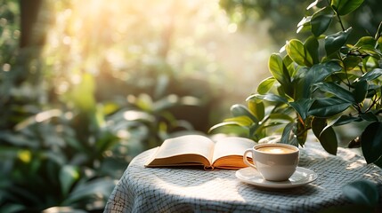 A tranquil cafe scene outdoors with a view of greenery A table is set with a cup of coffee and an open book while sunlight filters through the leaves casting a warm and calming glow over the scene