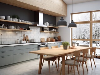 Modern kitchen with a dining table and chairs, overlooking a snowy forest landscape through a large window.