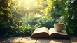 © anantachat - A peaceful cafe scene outdoors with a view of a garden A cup of coffee and an open book rest on a table bathed in sunlight with greenery in the background evoking a sense of tranquility and