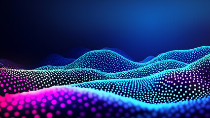 Vibrant Colorful Dots on Dark Blue Wave Landscape Abstract Background.