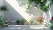 © EnelEva - 3D rendering of a beautiful garden courtyard with white walls and potted plants.