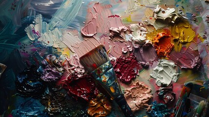 Realistic photo of an artist is palette with various paint colors and textures