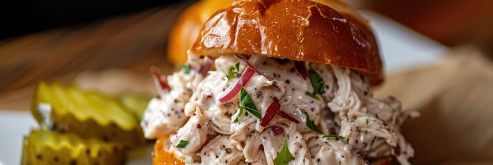 Wall Mural - Chicken Salad Served on a Brioche Roll Accompanied by Pickles