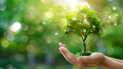 Wall Mural - pair of hands holding a small tree, surrounded by interconnected icons representing technology, symb