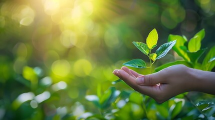 Wall Mural - hand holding a sapling showcasing the fragility and potential of new life in the natural world.
