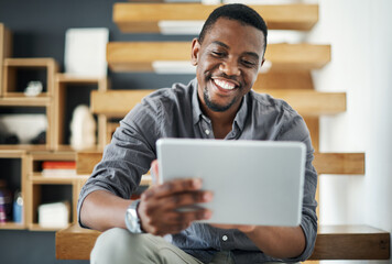 Poster - Office, black man and online with tablet for review, reading message and typing email for business deal. Stairs, male person or investor with digital for company performance, feedback and confidence