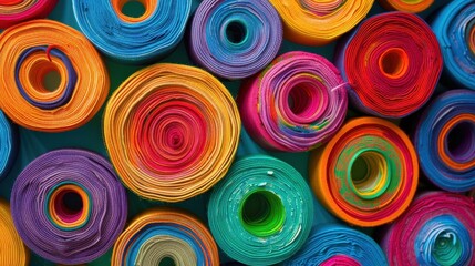 Brightly colored fabric rolls are neatly stacked, showcasing a variety of hues and textures perfect for creative projects