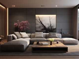 Modern living room with sectional sofa, coffee table, and gray walls.