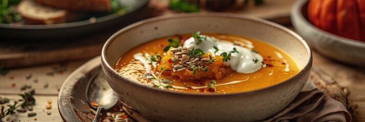 Poster - Creamy butternut squash soup topped with sour cream, accompanied by pumpkin seed bread for a seasonal dining experience.