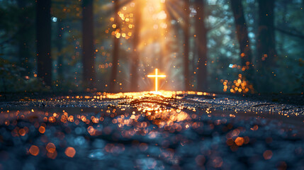 Wall Mural - Shimmering cross shines light on a wet forest trail, representing hope and spiritual direction