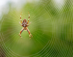 Macro photo of a spider on the web against green background