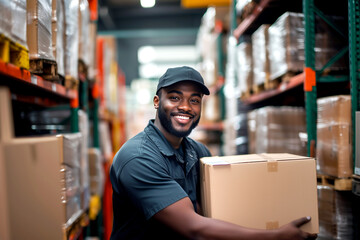 Wall Mural - Group portrait of mixed race men working in warehouse laughing