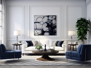 White living room with white sofa, blue armchairs, and abstract artwork.