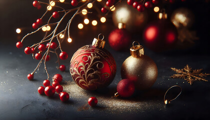 Poster - Elegant red and Gold Christmas Ornaments on Dark Background