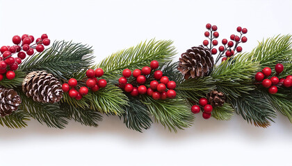 Poster - Festive evergreen garland with red berries and pine cones perfect for holiday decorations , Christmas, wreath, greenery